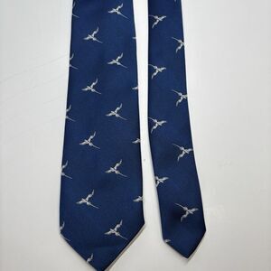 Vtg English Sports Shop Bermuda Tie Navy Silk Italy Embroidered Longtail Bird